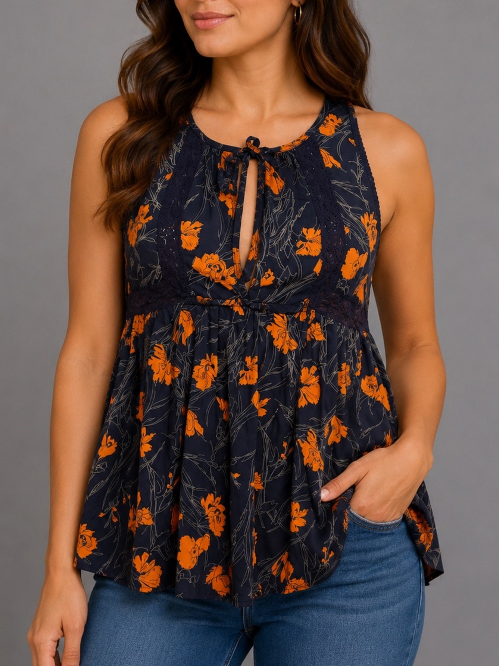 NWT MELROSE & MARKET NAVY & ORANGE FLORAL PEPLUM TOP | TIE FRONT | SIZE XSMALL